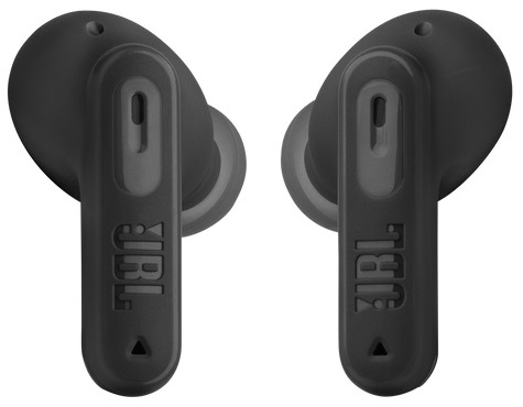 Czarne słuchawki JBL. Z bliska, na białym tle.