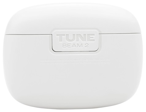 Białe etui ładujące słuchawki JBL Tune Beam 2 z tekstem na górze.