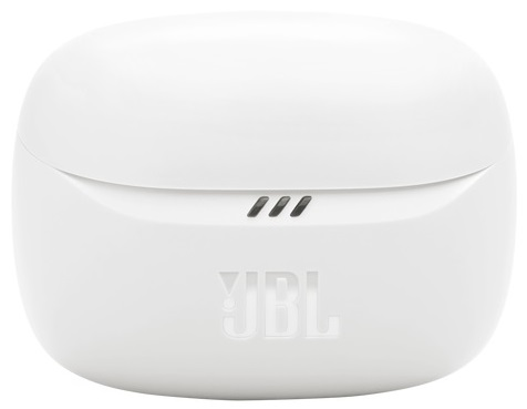 Białe etui ładujące słuchawek JBL z logo JBL.