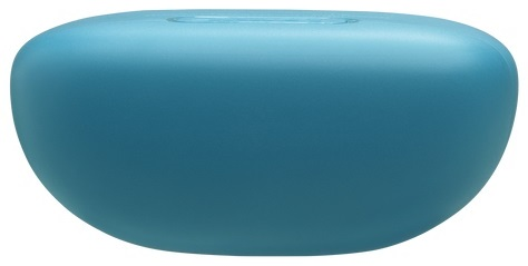 Turkusowy pojemnik w kształcie owalu. Jest gładki i ma zaokrąglone dno.