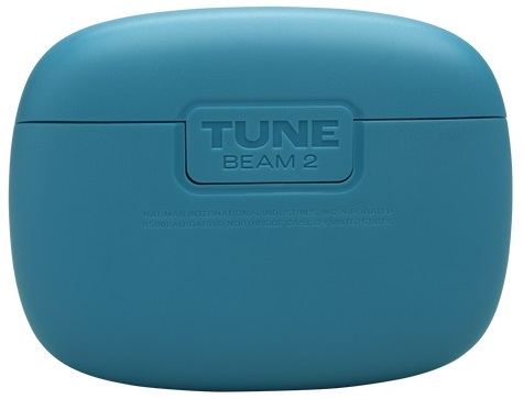 Turkusowe etui ładujące do słuchawek JBL Tune Beam 2 z napisem 'TUNE BEAM 2' z przodu.