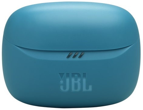 Niebieskie etui ładujące słuchawek JBL z logo marki.