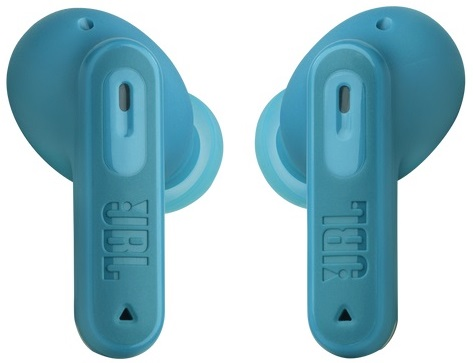 Dwie niebieskie słuchawki z logo JBL, widoczne na białym tle.