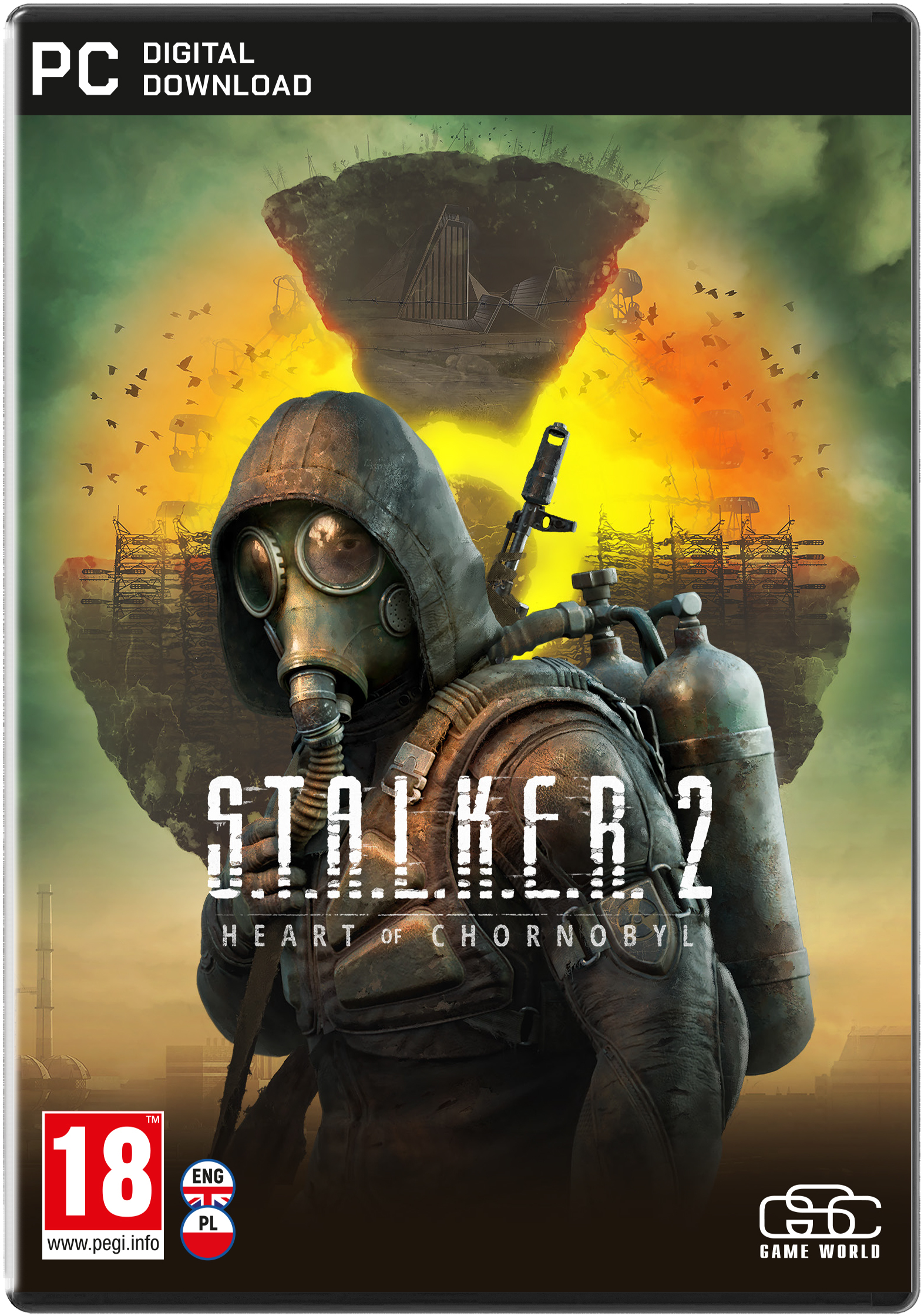 Okładka gry: Osoba w masce gazowej. Tytuł: Stalker 2. Heart of Chornobyl. Tło: zrujnowane miasto.