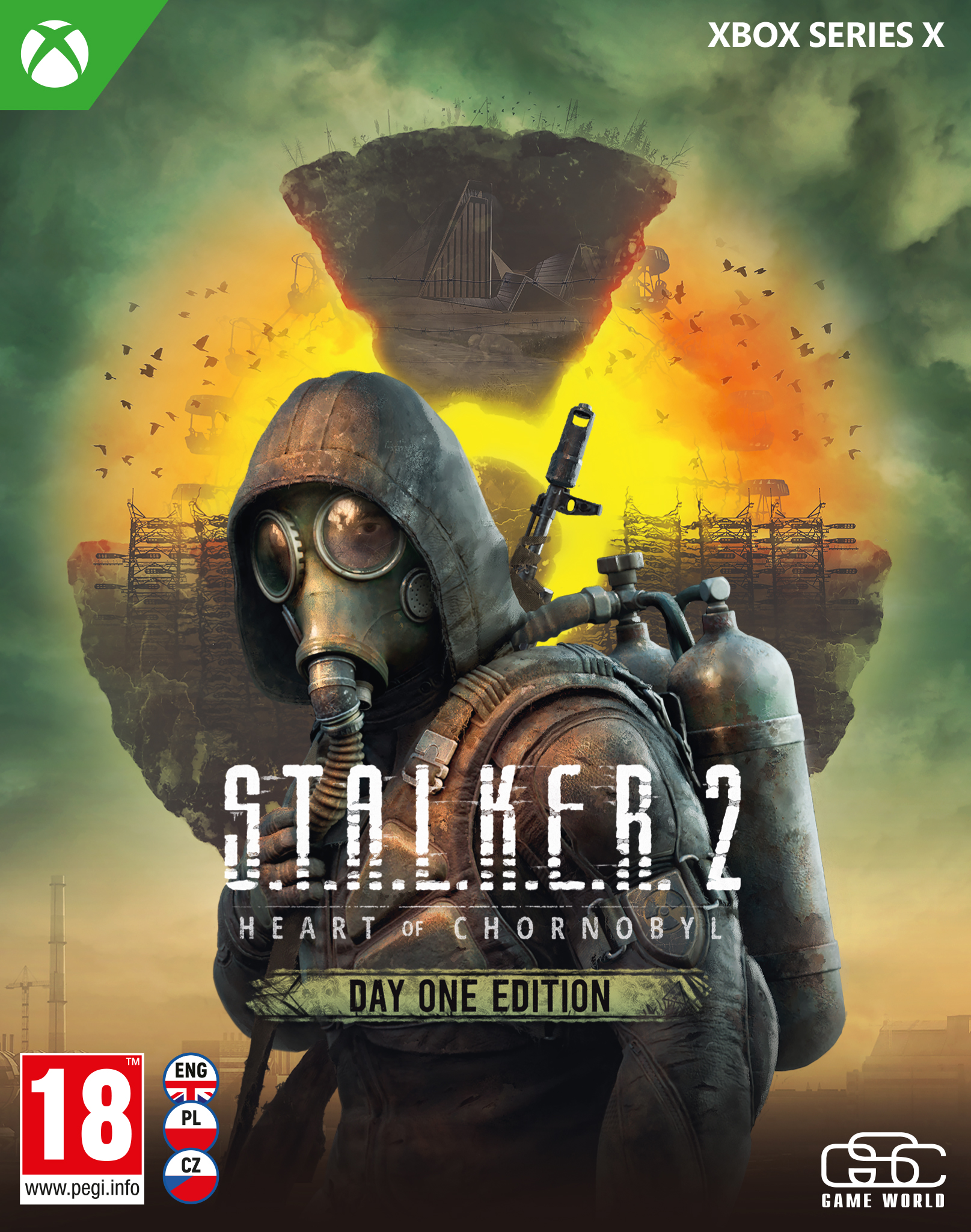 Okładka gry XBOX Series X dla S.T.A.L.K.E.R. 2: Heart of Chornobyl. Postać w masce gazowej.