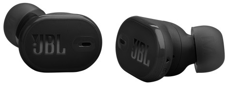 Dwa czarne słuchawki JBL, pod kątem, pokazujące logo JBL i końcówki douszne.