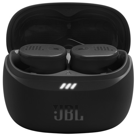 Czarne słuchawki w etui ładującym z trzema białymi światłami.