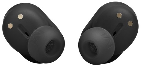 Dwa czarne bezprzewodowe słuchawki z złotymi akcentami.