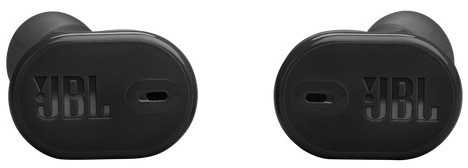 Dwa czarne słuchawki JBL, widok z tyłu.