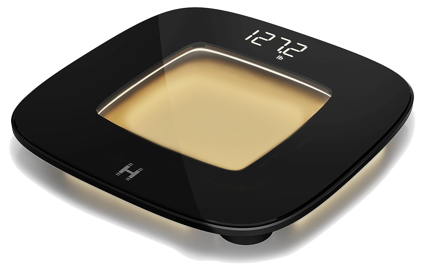 Czarna waga cyfrowa wyświetla 127.2 funtów. Ma kwadratowy kształt z zaokrąglonymi rogami, złotym środkiem i białym tłem.