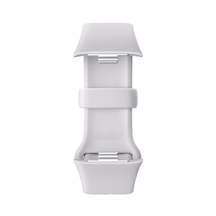 Biały łącznik paska do zegarka z metalowymi szpilkami.