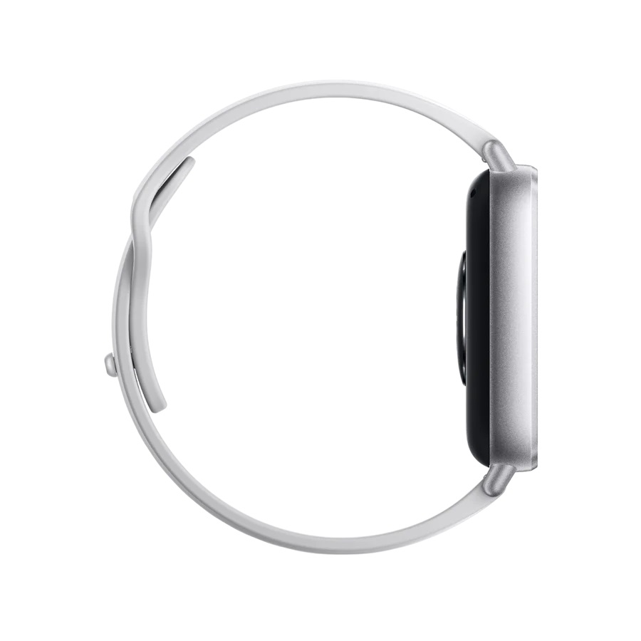 Biały smartwatch z czarnym ekranem. Widok z boku, na białym tle.