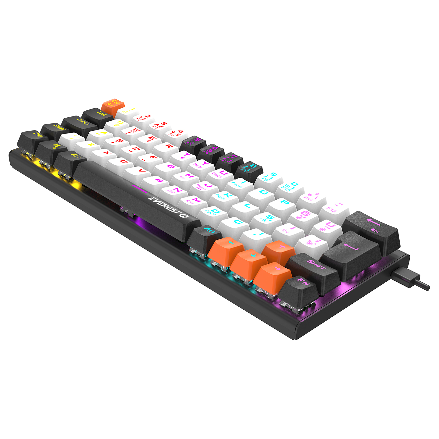 Beyaz yüzey üzerinde, turuncu ve beyaz tuşlu, açılı duran siyah-beyaz mekanik klavye.