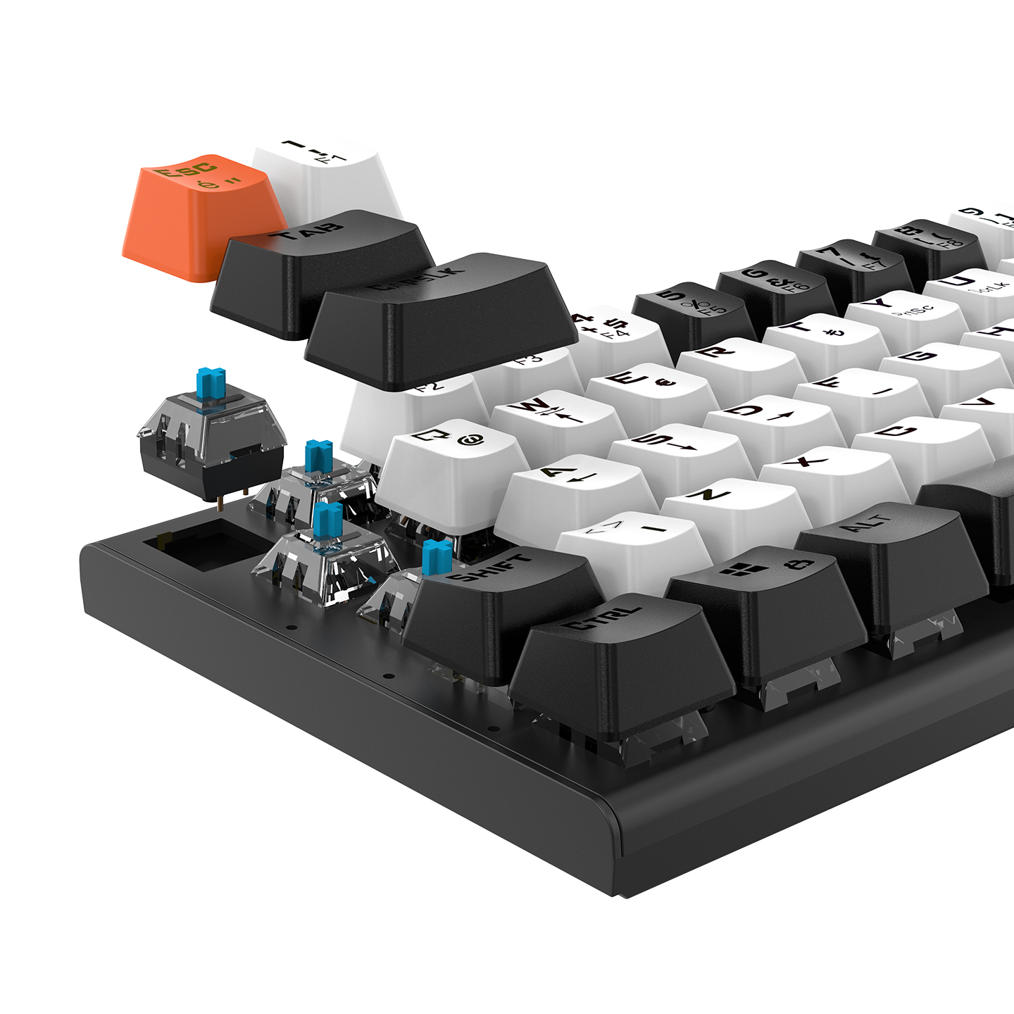 Tuş takımları çıkarılmış mekanik bir klavyenin yakın çekimi.