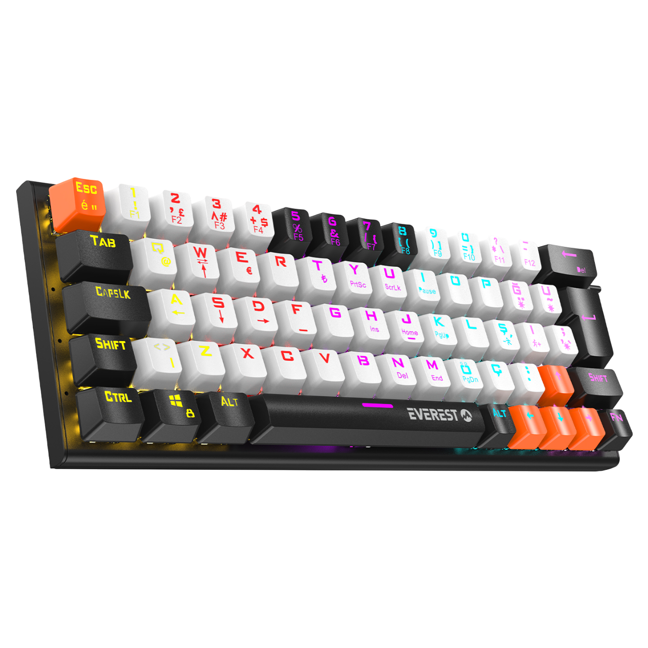 Siyah ve turuncu klavye. Beyaz, turuncu ve renkli tuşlara sahip. Marka Everest.