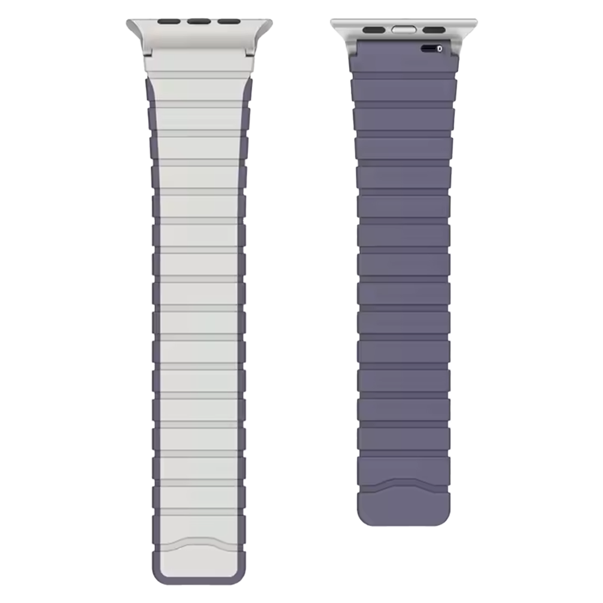 İki Apple Watch kayışı, biri beyaz, diğeri mor, yan yana, nervürlü bir tasarıma sahip.