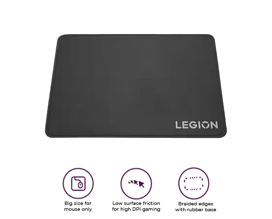 Siyah Legion mousepad. Köşede beyaz Legion logosu. Beyaz zemin.