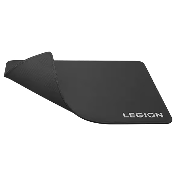Legion logosu olan siyah bir mousepad. Sol üst köşe katlanmış, gri bir arka yüzey ortaya çıkarıyor.