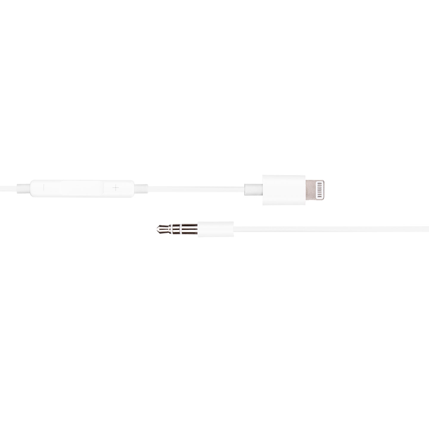 Kontrol, Lightning konektörü ve 3,5 mm jakı olan beyaz iPhone kulaklık kablosu.