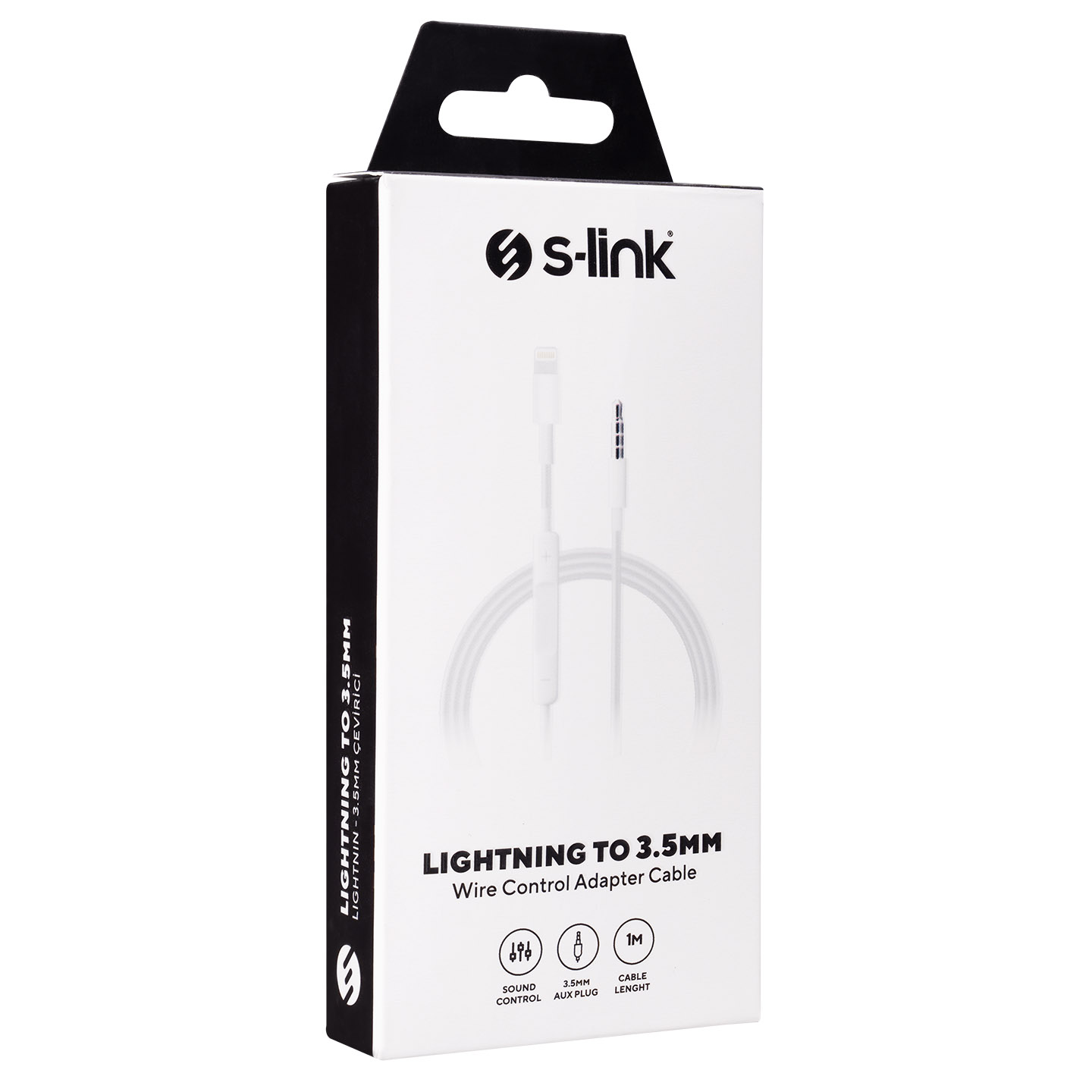 S-link kutusu, Lightning - 3,5mm adaptör kablosuyla. Beyaz kablo ve ürün detayları gösteriliyor.