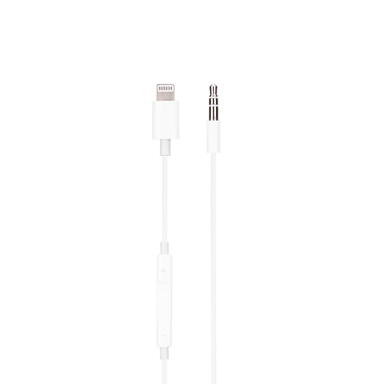 Lightning ve 3,5 mm konektörlü beyaz ses kablosu. Ses kontrolü vardır.