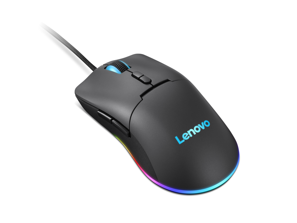 Lenovo oyun faresi, siyah, RGB aydınlatmalı. Fare koyu bir yüzey üzerinde.