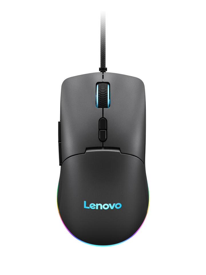 Altında çok renkli LED şeridi ve siyah kablosu olan siyah bir Lenovo oyun faresi.