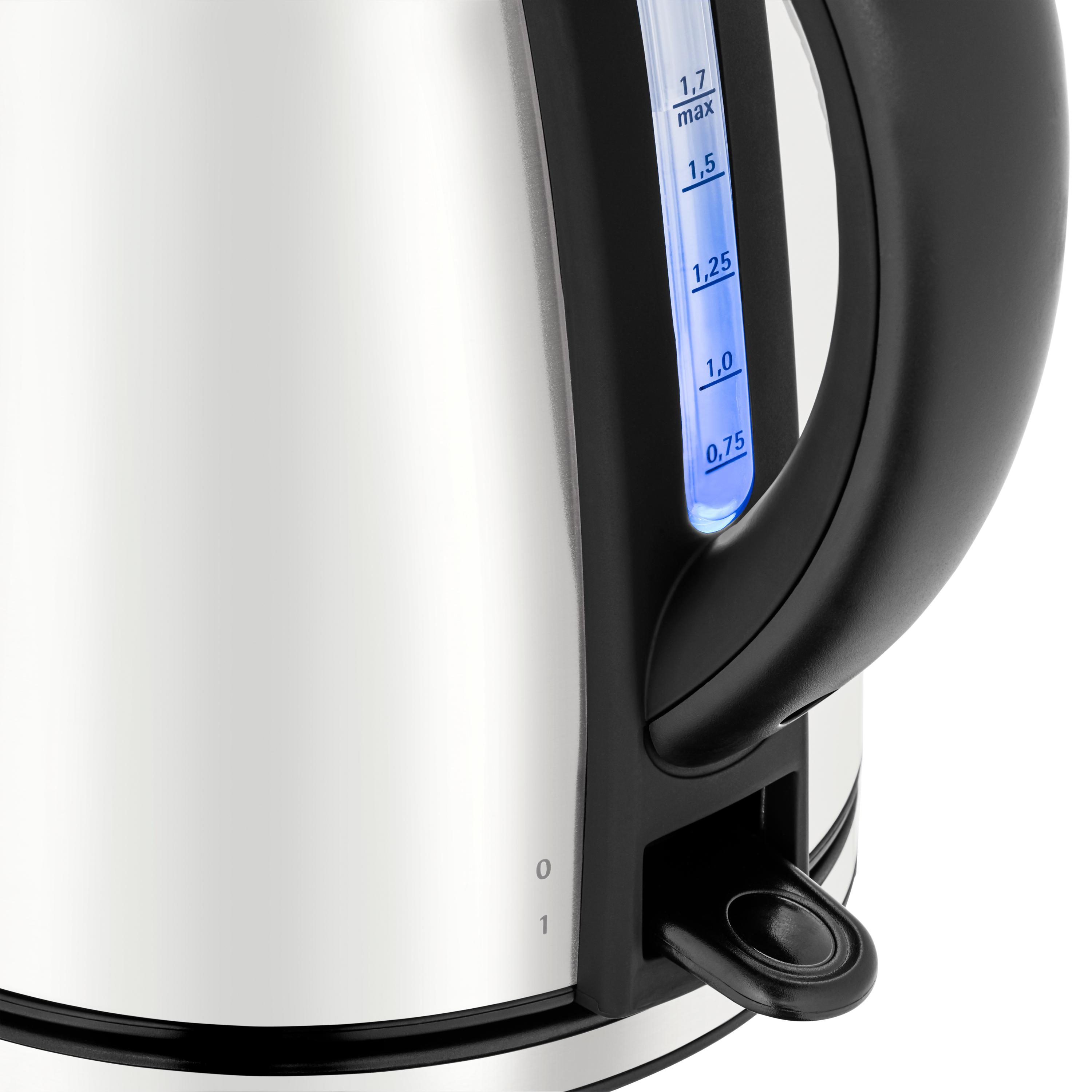 WMF Stelio Wasserkocher Edelstahl 1,7l, Elektrischer Wasserkocher Mit Kalkfilter, 2400 W, Wasserstandanzeige Beleuchtet, Edelstahl Mattweiß