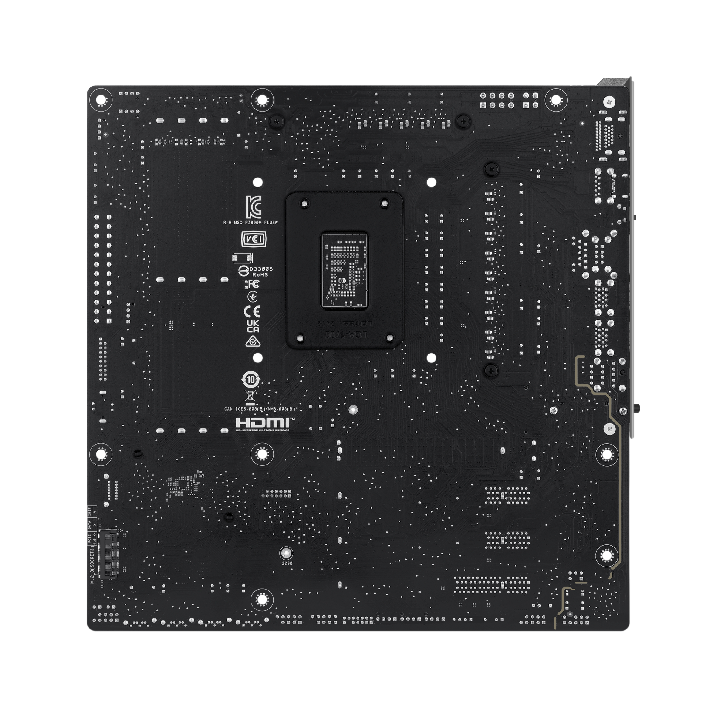 Die Rückseite eines schwarzen Motherboards, das verschiedene Komponenten und Anschlüsse zeigt.