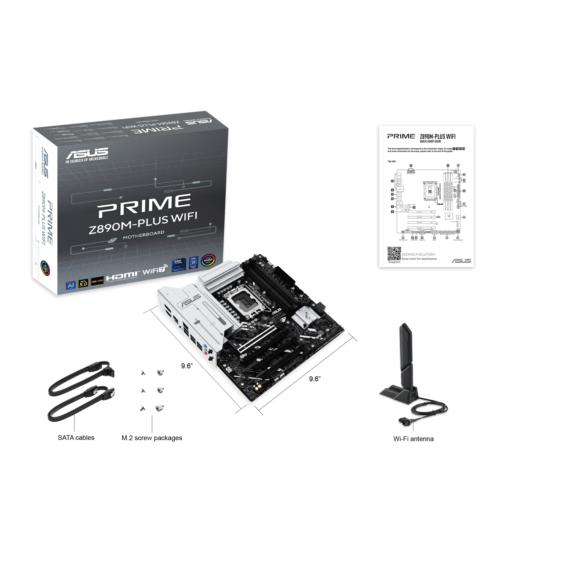 Asus-Computerteile: Motherboard, Box, Kabel und eine WLAN-Antenne. Weißer Hintergrund.