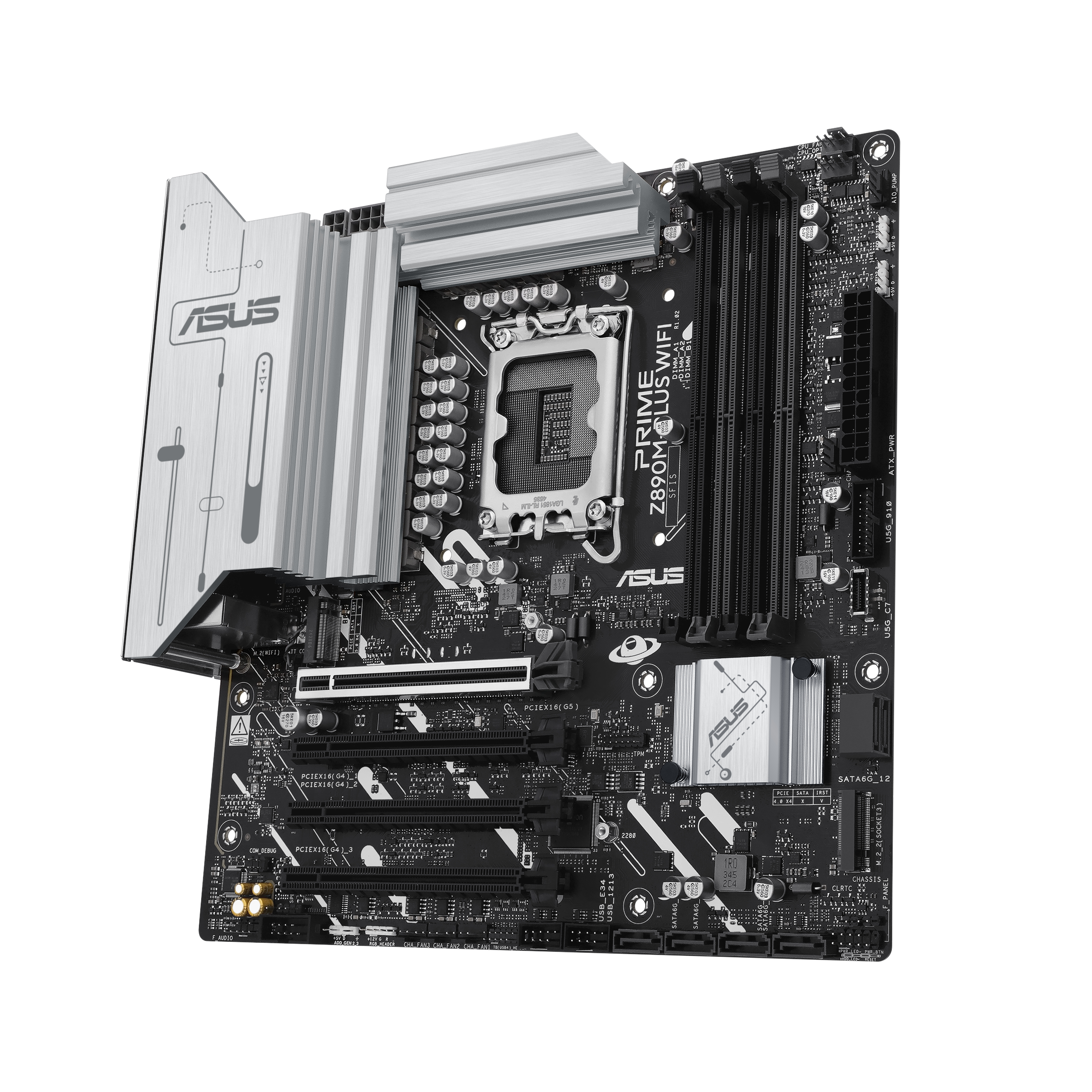 Ein ASUS-Motherboard. Es ist schwarz mit silbernen Kühlkörpern. Verschiedene Anschlüsse und Steckplätze sind sichtbar.