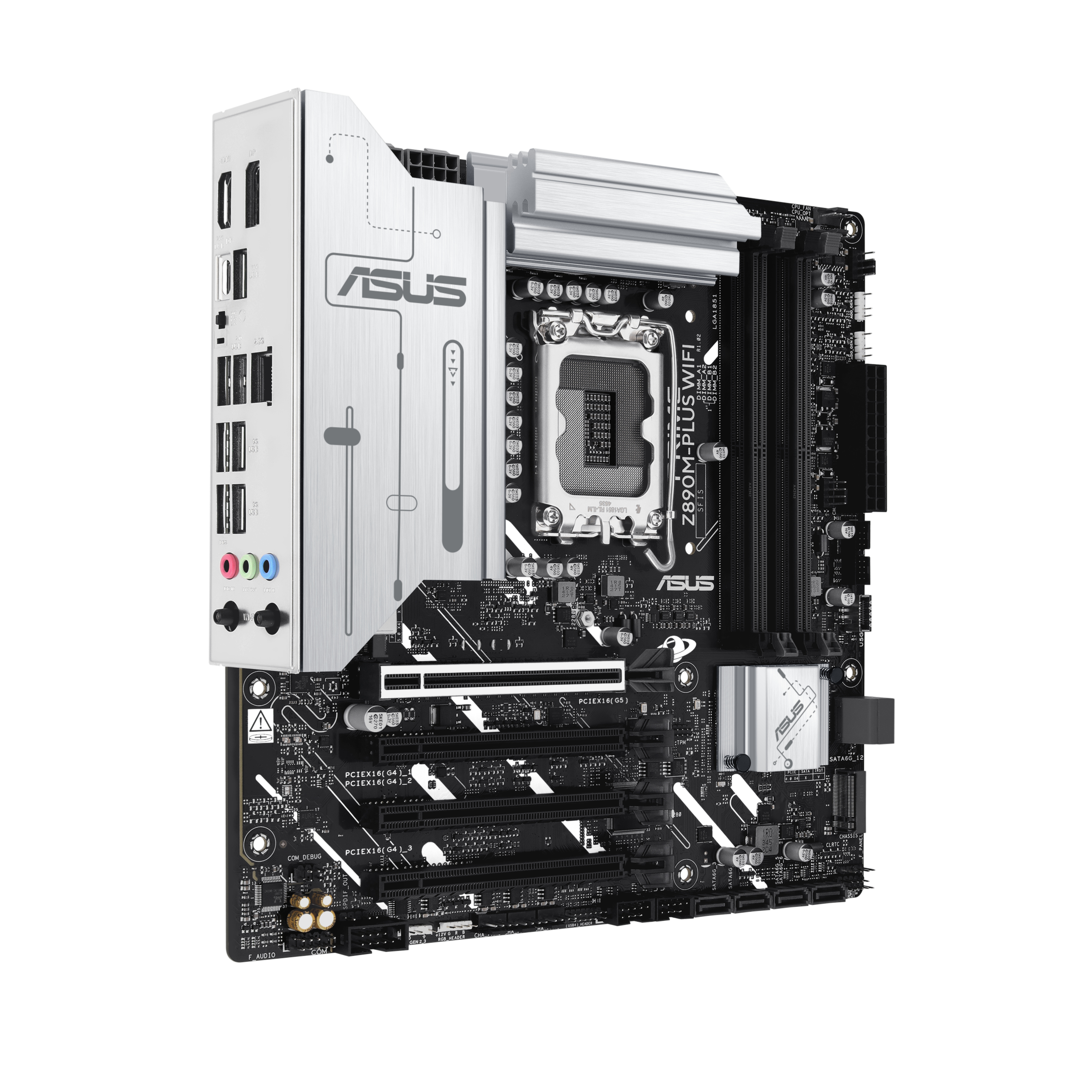 ASUS Z690M-PLUS WIFI Mainboard. Es ist schwarz mit silbernen und weißen Akzenten.