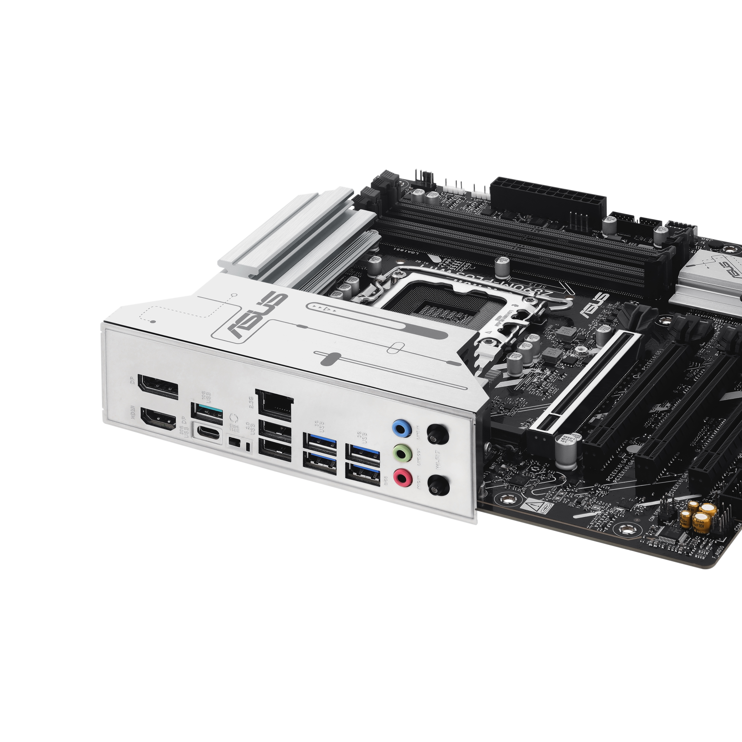 Mainboard mit Anschlüssen und Steckern, silber und schwarz mit ASUS-Logo, auf weißer Oberfläche.