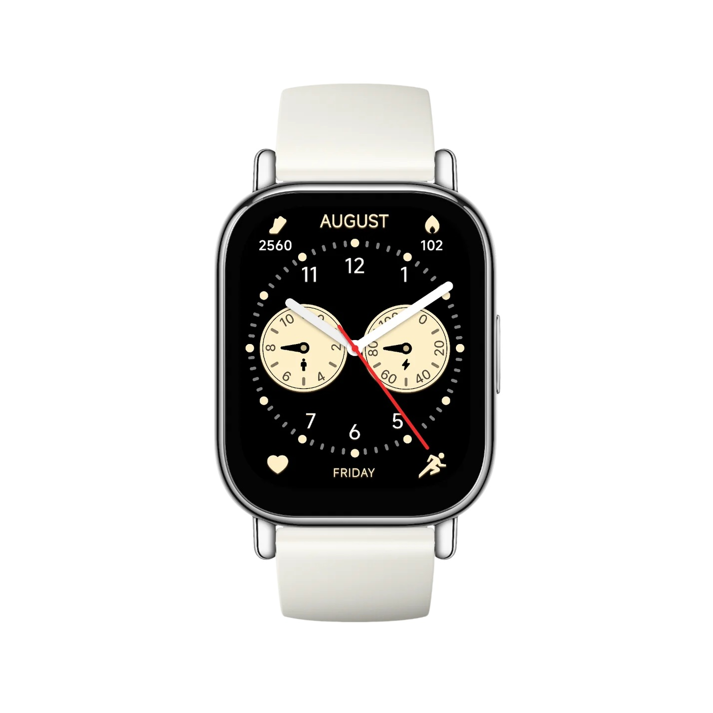 Smartwatch z kwadratową tarczą, wyświetlający godzinę. Biały pasek, srebrna koperta.