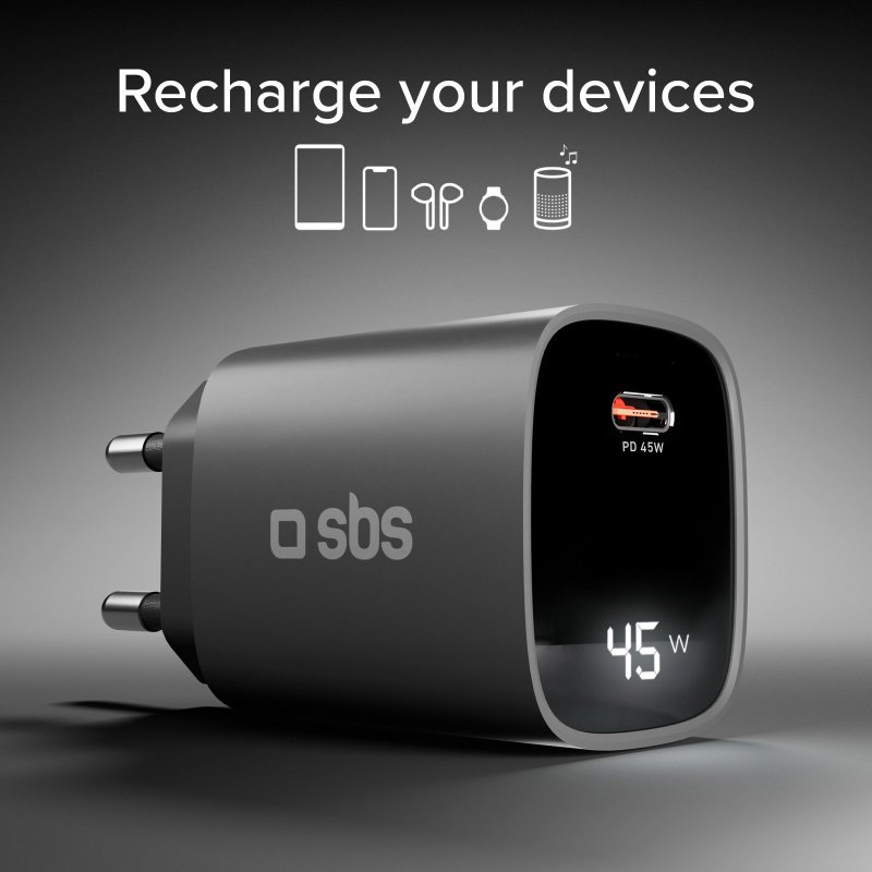Czarna ładowarka SBS z wyświetlaczem pokazującym 45W i stan naładowania, na szarym tle.