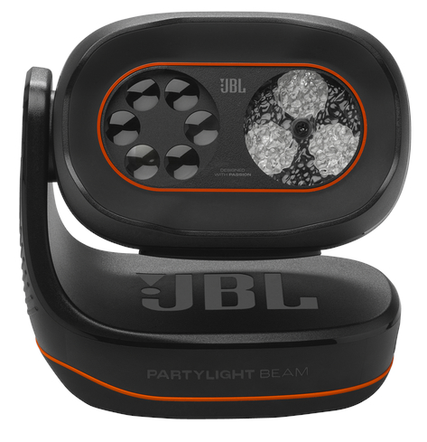 Czarny głośnik JBL Party Light Beam z pomarańczowymi akcentami. Głośnik ma kilka świateł.