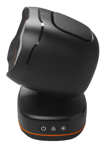 Czarny głośnik JBL Party Light Beam. Widoczne pomarańczowe akcenty i przyciski zasilania/światła.