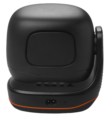 Czarna kamera bezpieczeństwa, kwadratowa, z zaokrągloną górą, na białym tle.