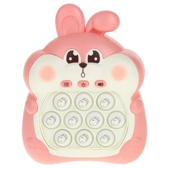 Różowa zabawka w kształcie królika z guzikami. Posiada twarz i kilka guzików do interakcji.
