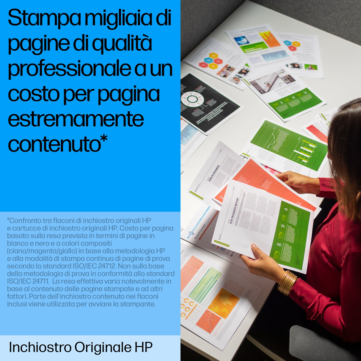 Le mani di una persona che tengono e guardano pagine stampate con grafici colorati.
