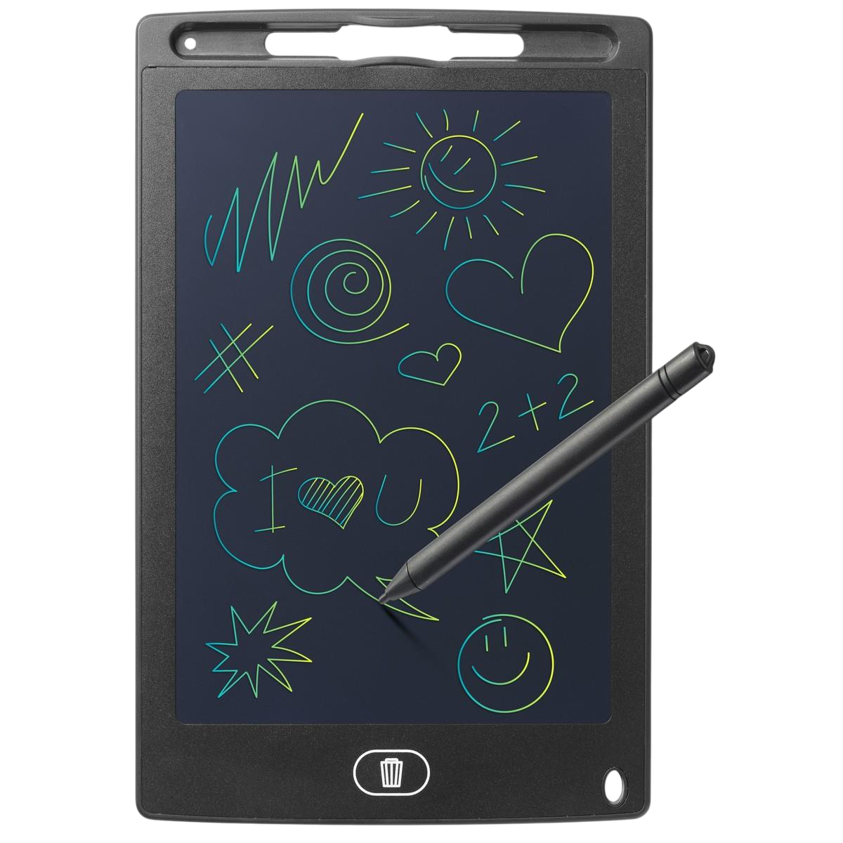 Schwarzes Zeichentablett mit bunten Kritzeleien und einem Stift. Kritzeleien: Herzen, Sonne, Ich liebe dich.