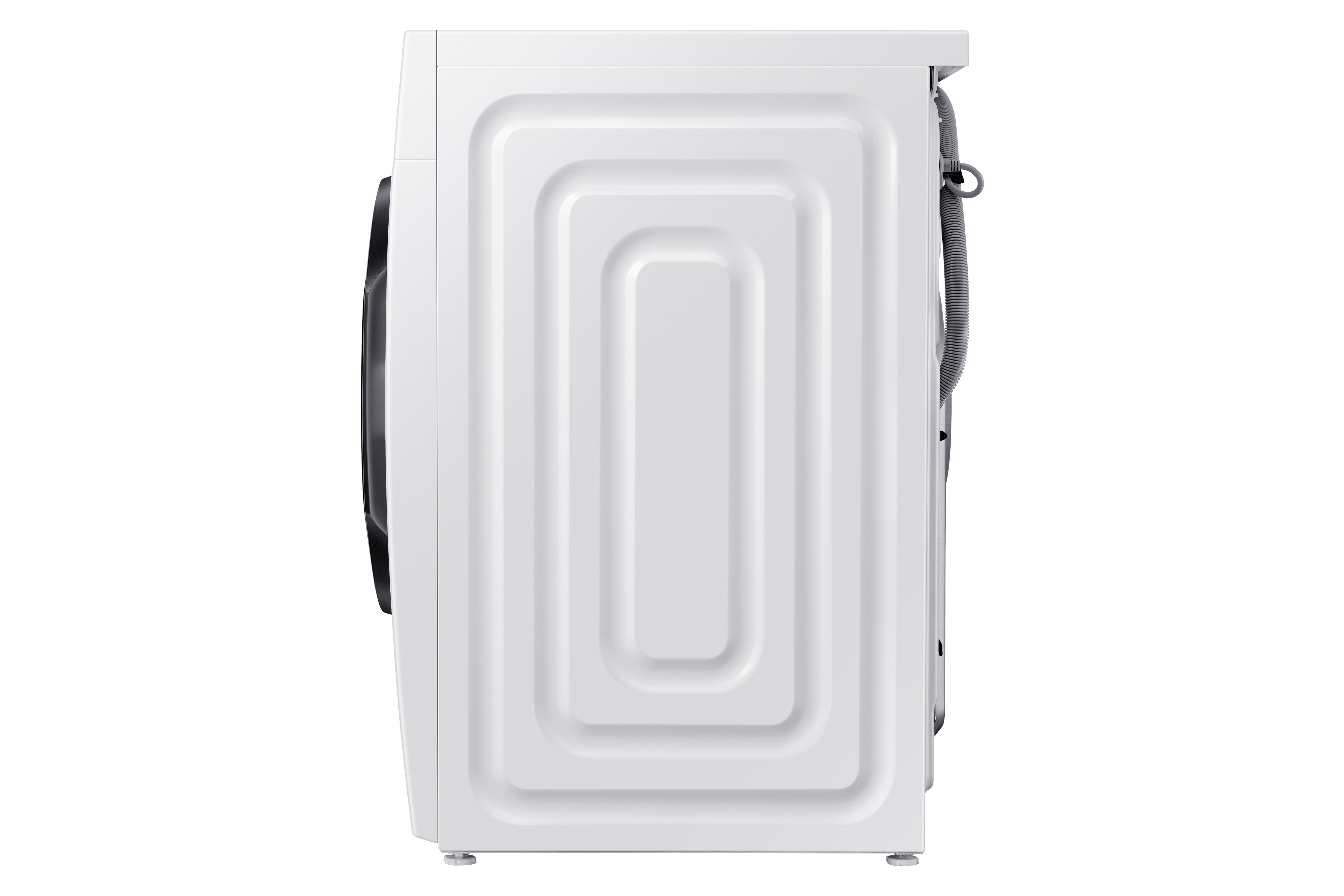 Weiße Samsung Waschmaschine, Seitenansicht, rechteckiges Design, mit Tür.