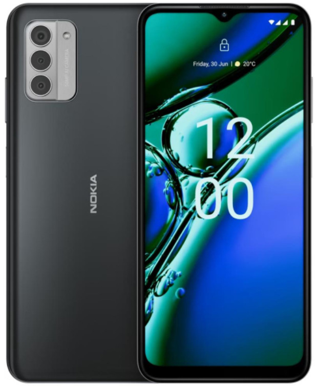 Czarny telefon Nokia z potrójnym obiektywem. Ma ekran wyświetlający godzinę i wodne tło.