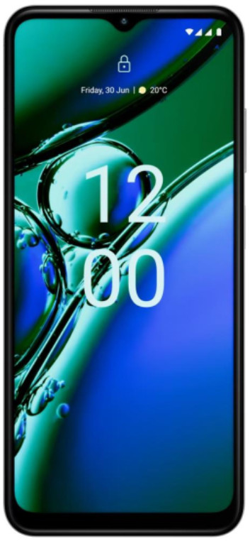 Smartfon wyświetla godzinę, datę i temperaturę na zielono-niebieskim tle.