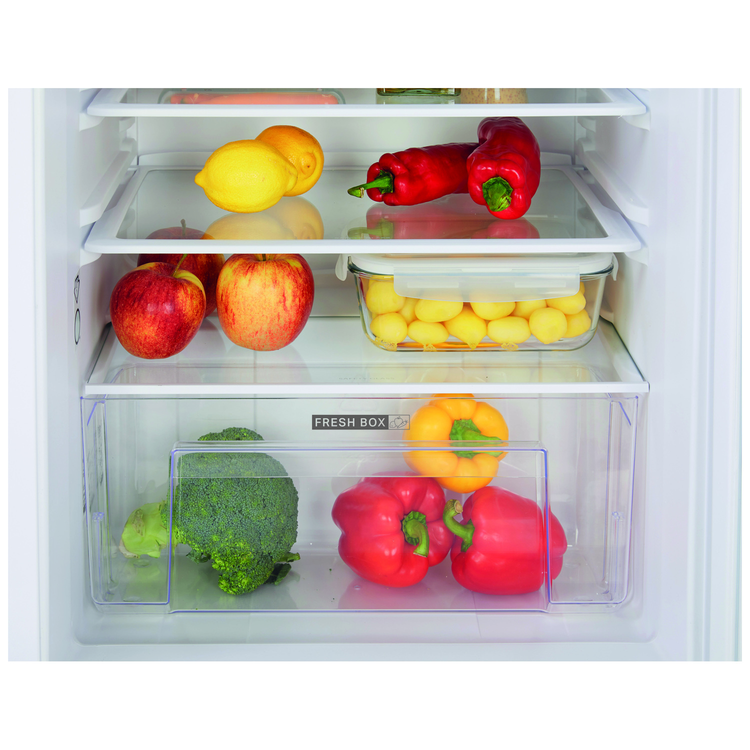 Interieur van koelkast met fruit, groenten en een Fresh Box.