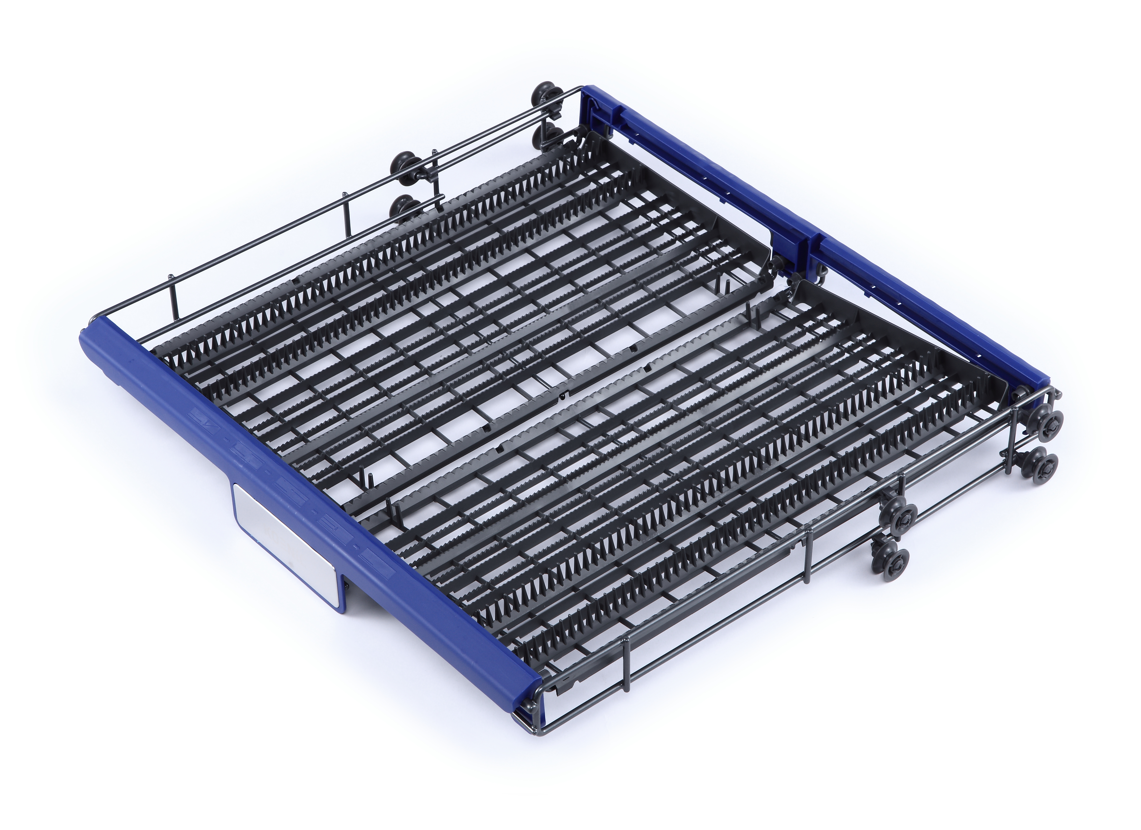 Industriemaschine mit schwarzen und blauen Komponenten. Metallgitter und Walzen sind sichtbar.