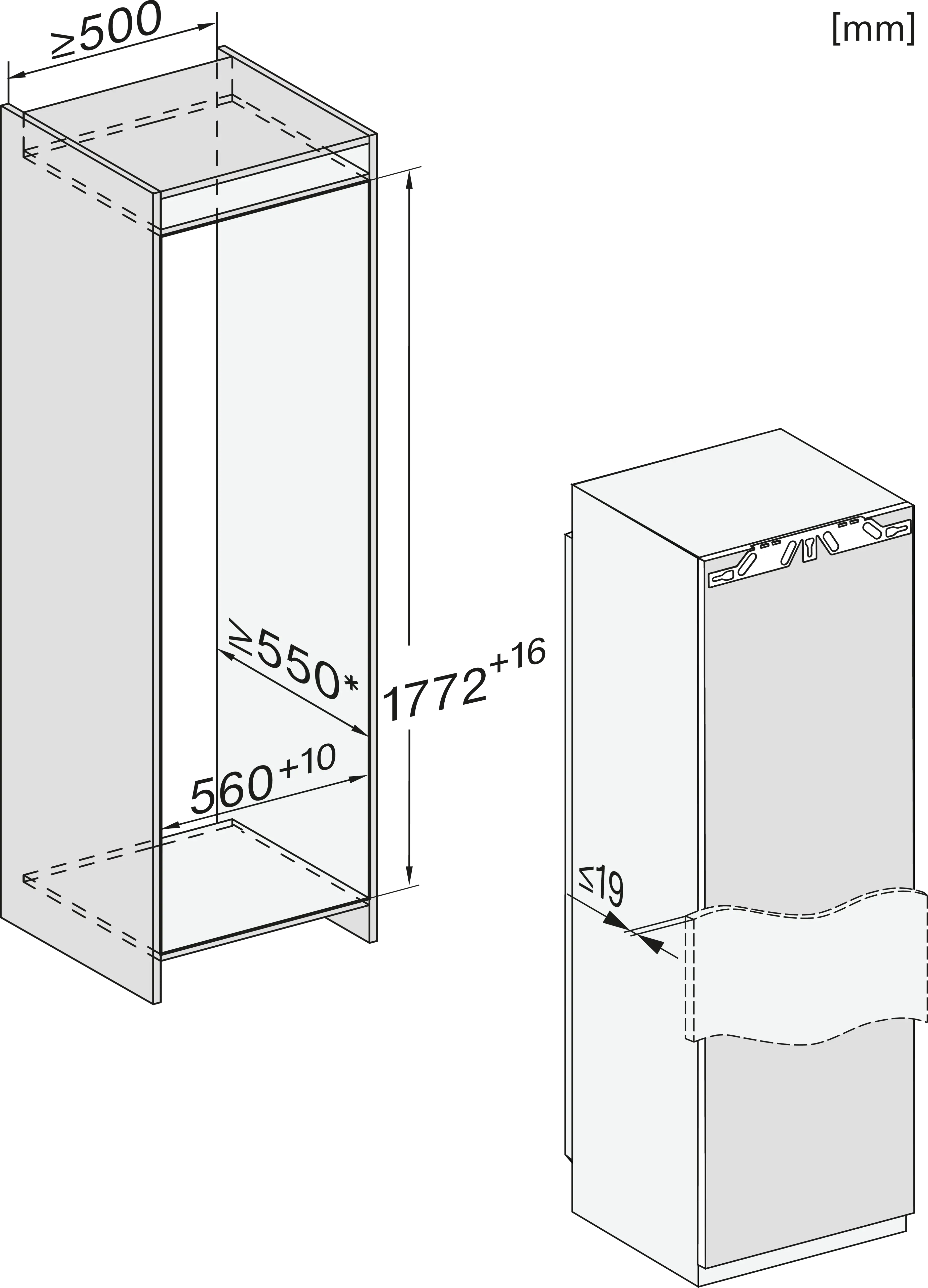 Architekturzeichnung eines Einbaukühlschranks und -schranks, mit Maßangaben in Millimetern.
