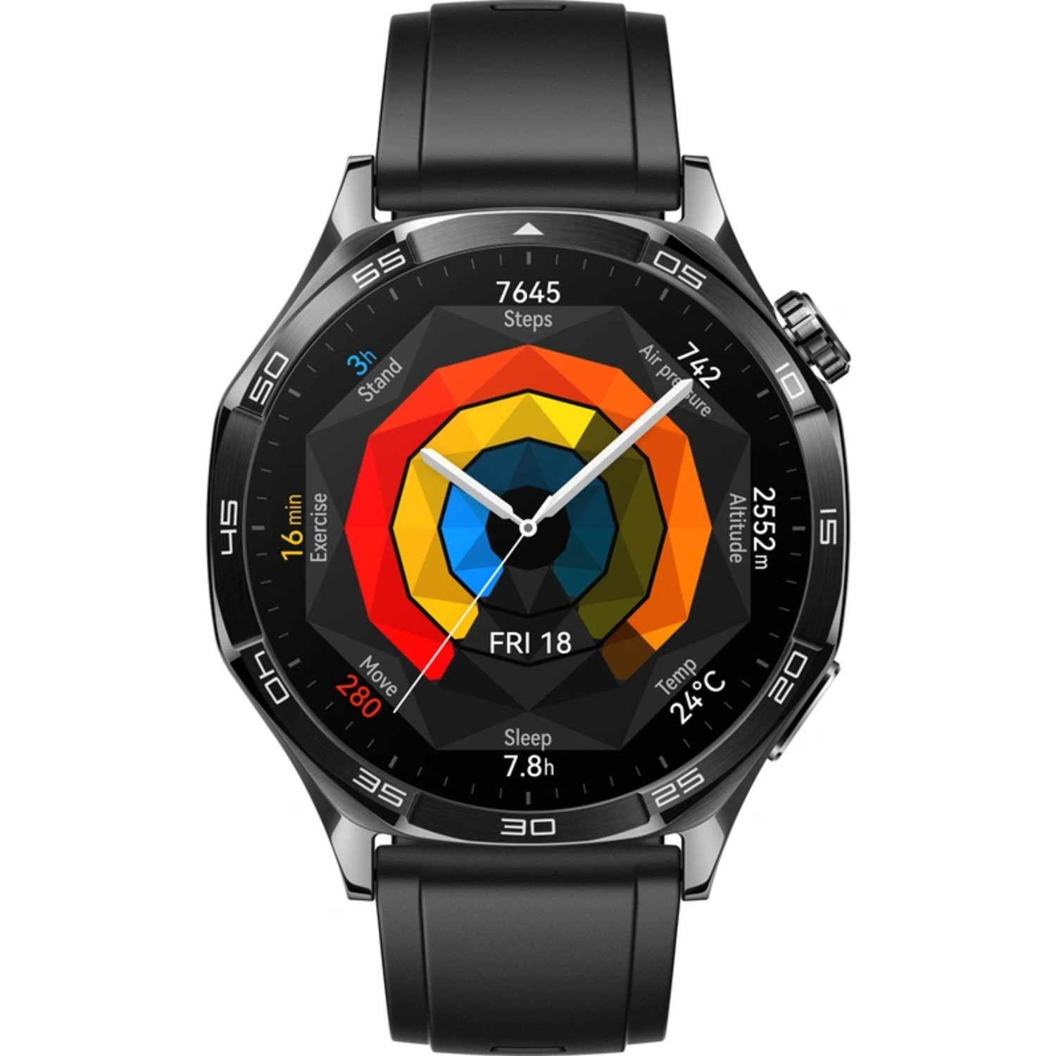 Montre intelligente Huawei noire. Elle affiche les pas, le temps d'exercice, l'altitude et la température.