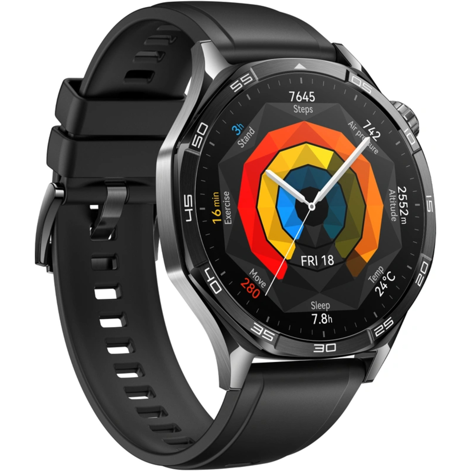Une montre connectée noire avec un écran coloré. L'écran affiche diverses mesures de santé.
