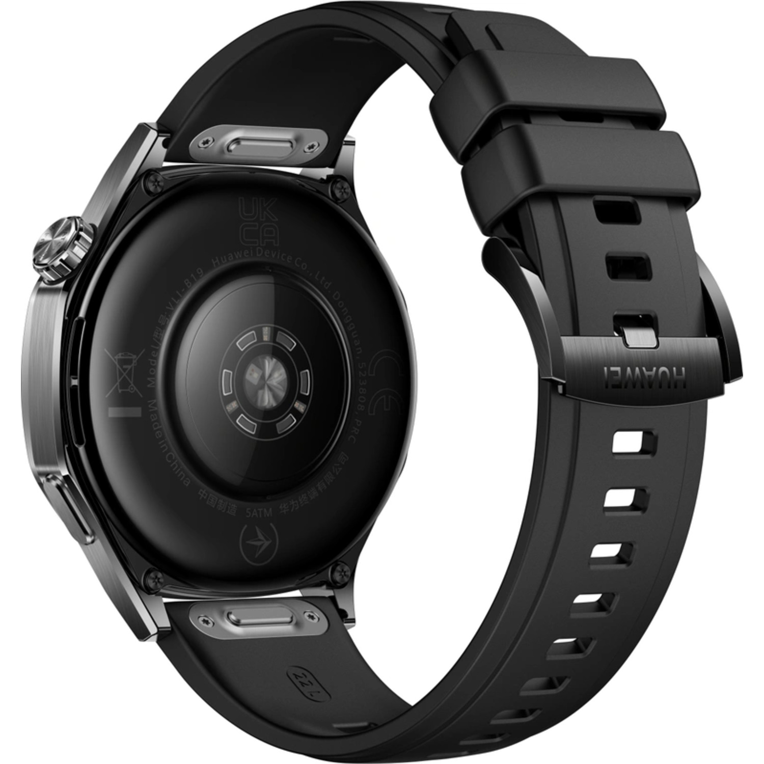 Smartwatch noire, vue arrière. Bracelet noir, bord argenté et capteur noir. Fond blanc.